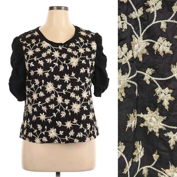 ISLA MAUDE Embroidered Sequin Floral Ruched Sleeve Top XL - Picture 1 of 8